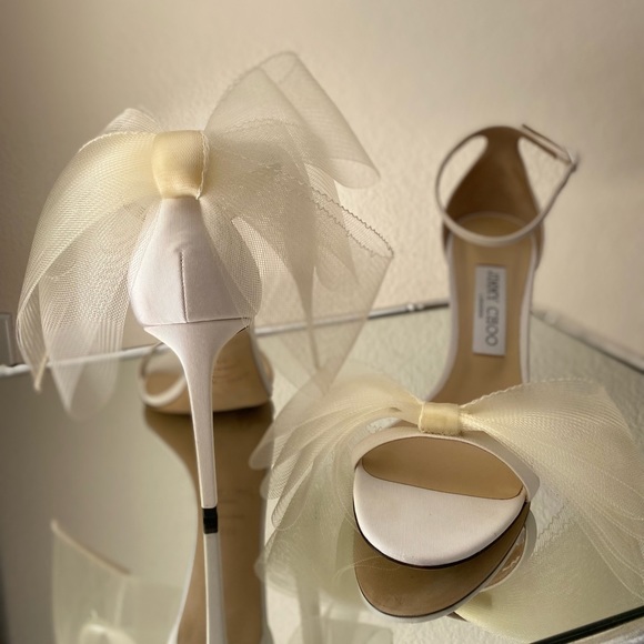 New Jimmy Choo Aveline 100 Latte Sandals Asymmetric Grosgrain Fascinator Bow - Picture 11 of 15